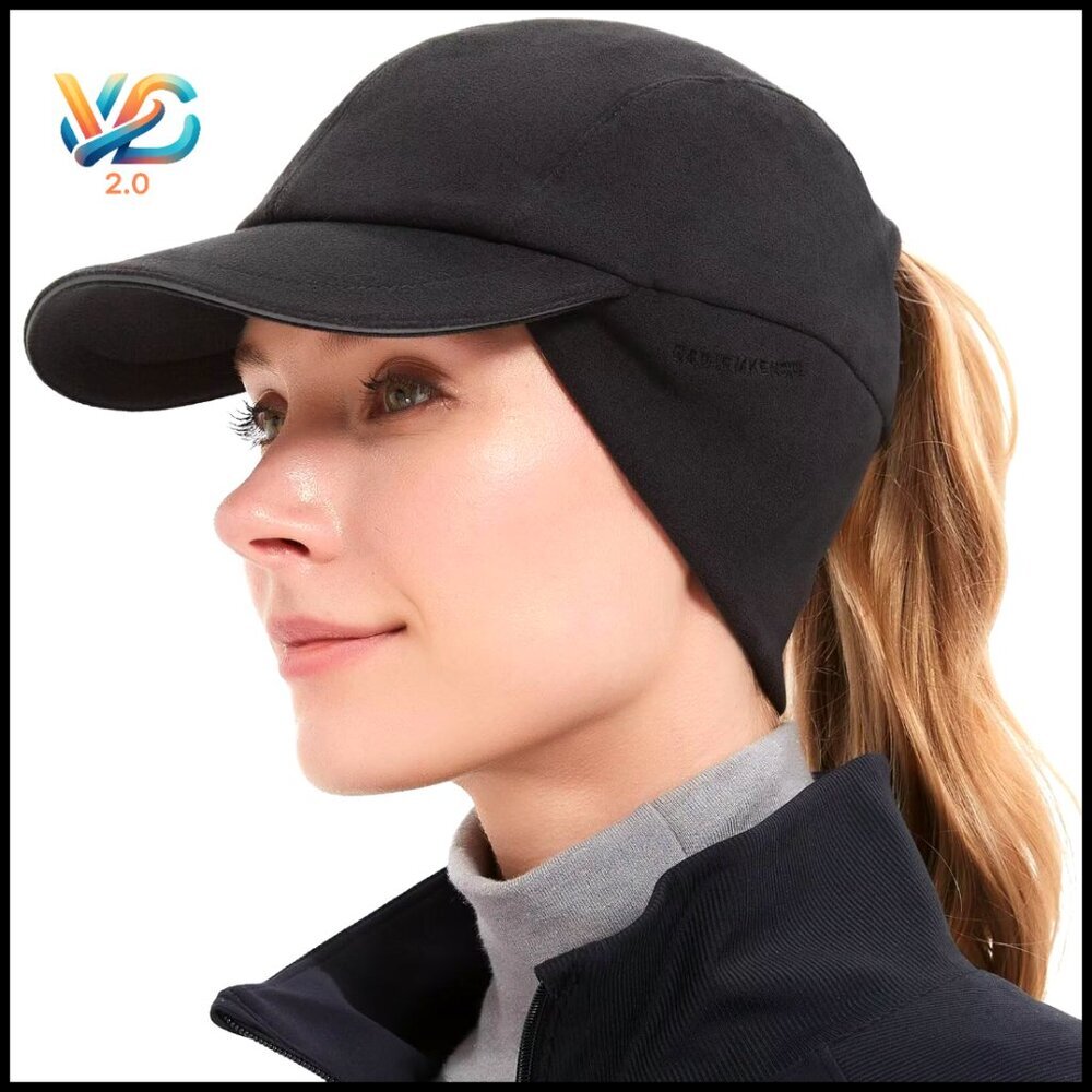 Reflective Fleece Ponytail Hat with Drop Down Ear Warmer for Winter Running